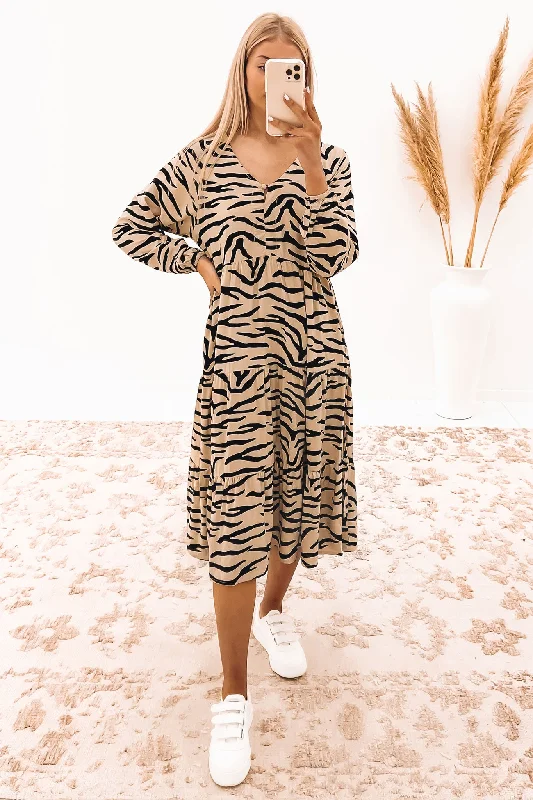 Cali Midi Dress Taupe Zebra