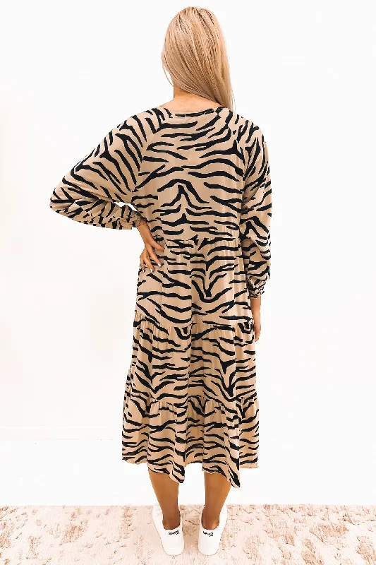 Cali Midi Dress Taupe Zebra