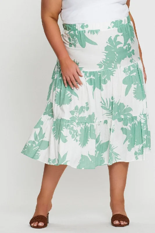 Floral Print Midi Skirt Elastic Waist