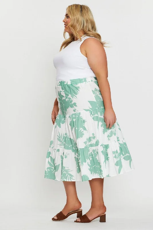 Floral Print Midi Skirt Elastic Waist