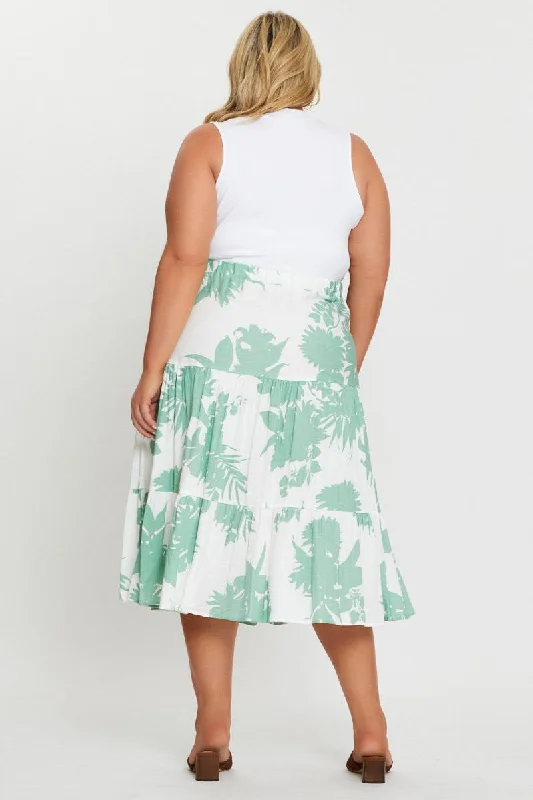 Floral Print Midi Skirt Elastic Waist