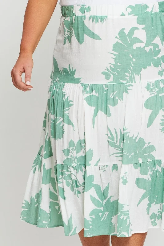 Floral Print Midi Skirt Elastic Waist