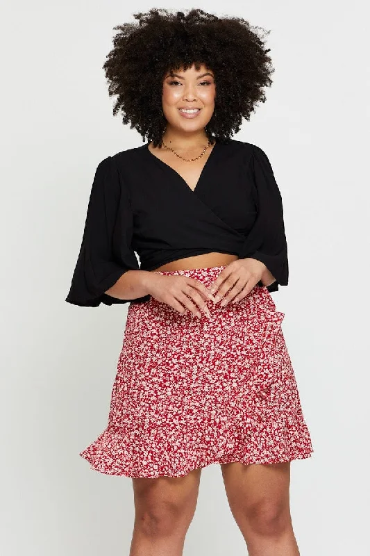 Floral Print Mini Skirt Ruffle Hem