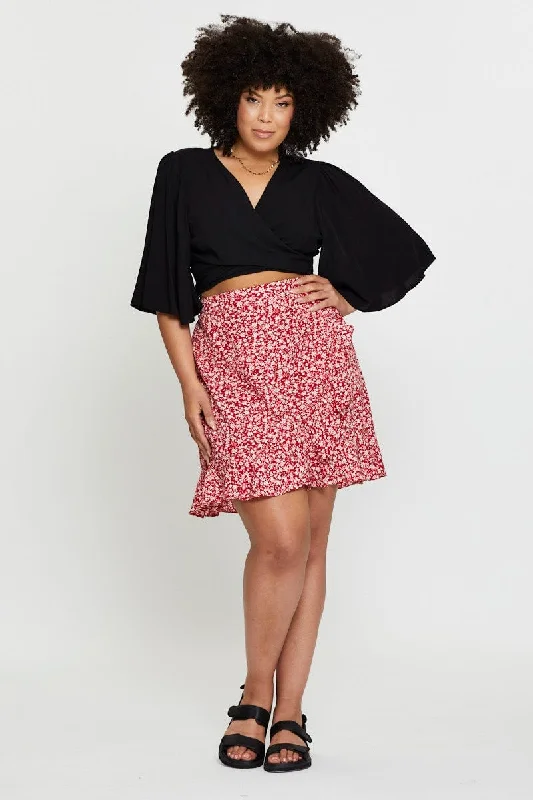 Floral Print Mini Skirt Ruffle Hem