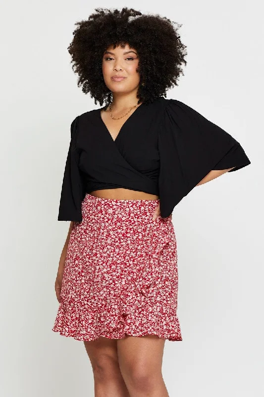 Floral Print Mini Skirt Ruffle Hem