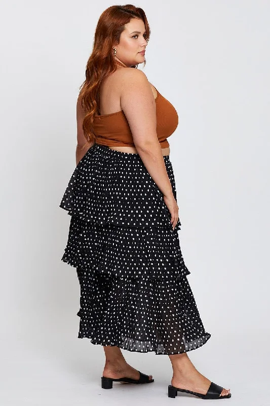 Geo Print High Waist Frill Tiered Midi Skirt