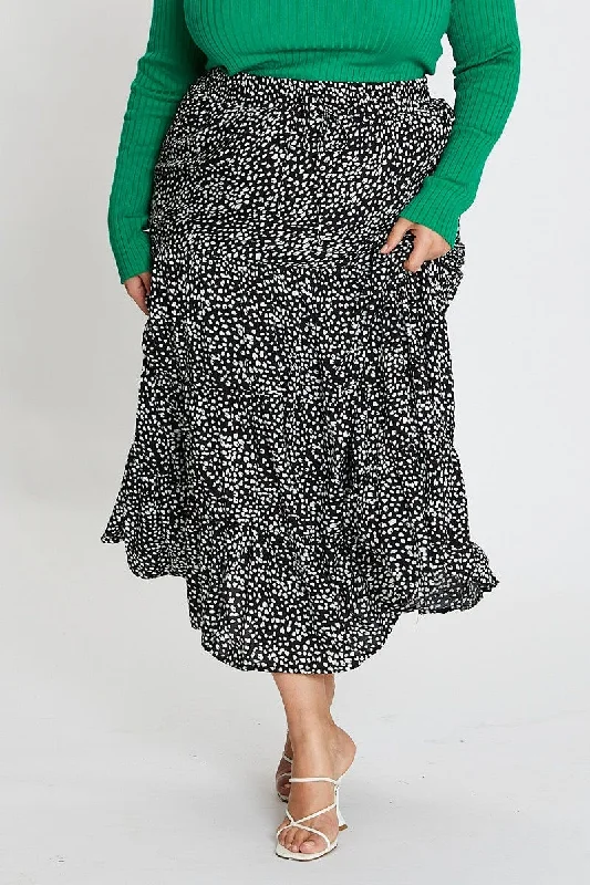 Geo Print Midi Skirt Elastic Waist