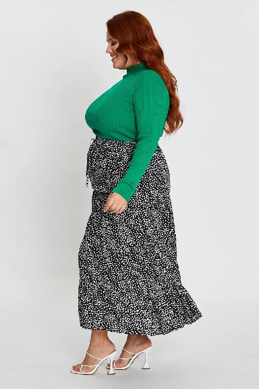 Geo Print Midi Skirt Elastic Waist