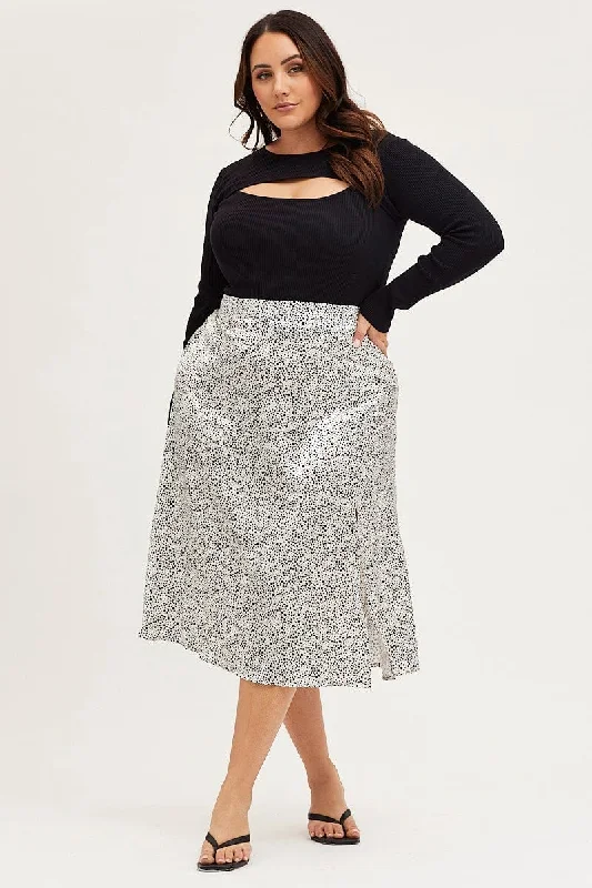 Geo Print Midi Skirt Side Split