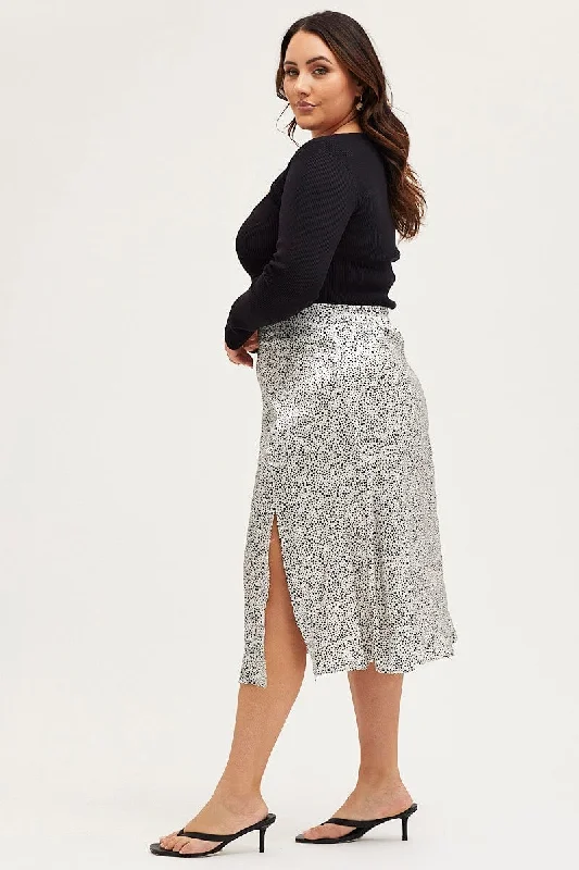 Geo Print Midi Skirt Side Split