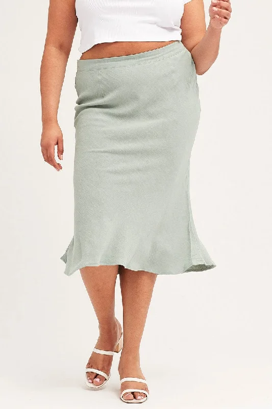 Green Elastic Waist Bias Linen Blend Skirt