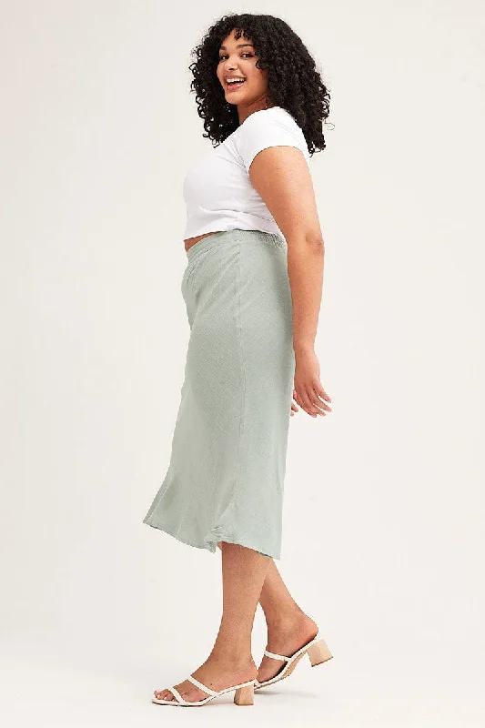 Green Elastic Waist Bias Linen Blend Skirt