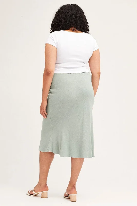 Green Elastic Waist Bias Linen Blend Skirt