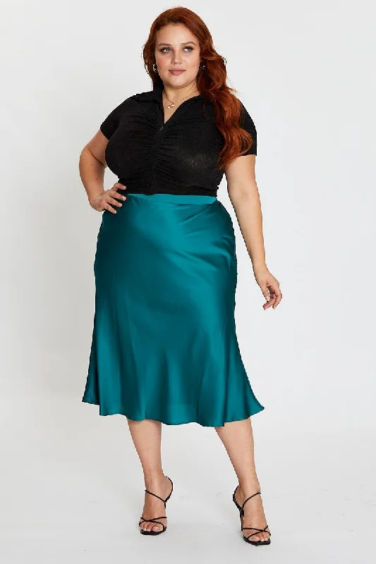 Green Midi Satin Skirt Elastic Waist