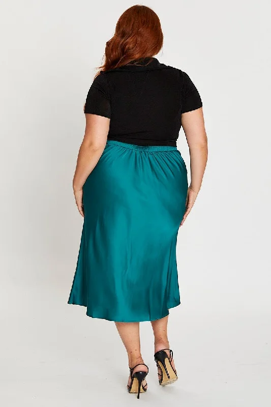 Green Midi Satin Skirt Elastic Waist