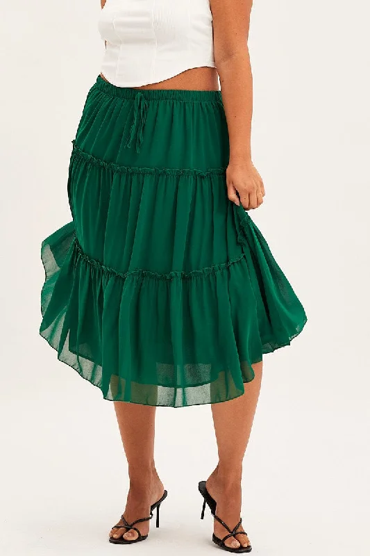 Green Midi Skirt Elastic Waist Chiffon Frill