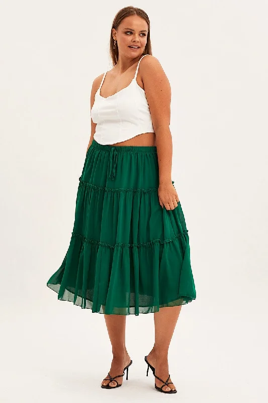 Green Midi Skirt Elastic Waist Chiffon Frill