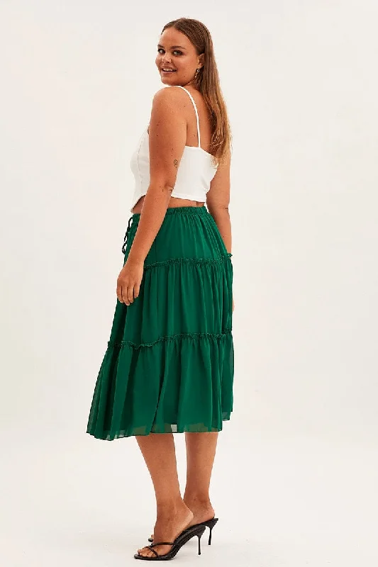 Green Midi Skirt Elastic Waist Chiffon Frill