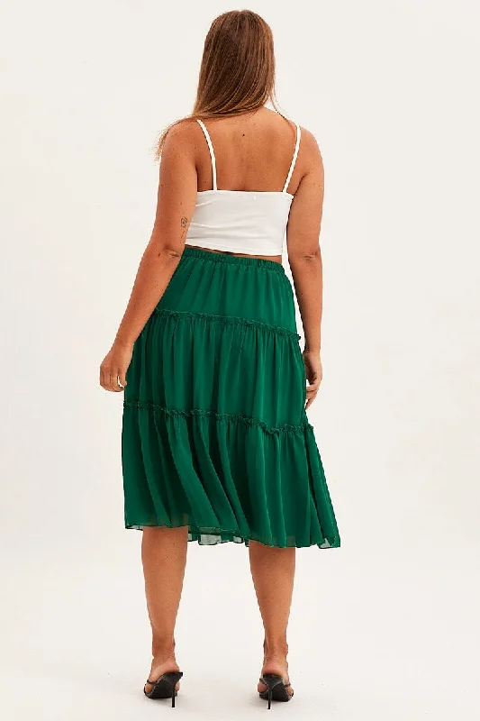 Green Midi Skirt Elastic Waist Chiffon Frill