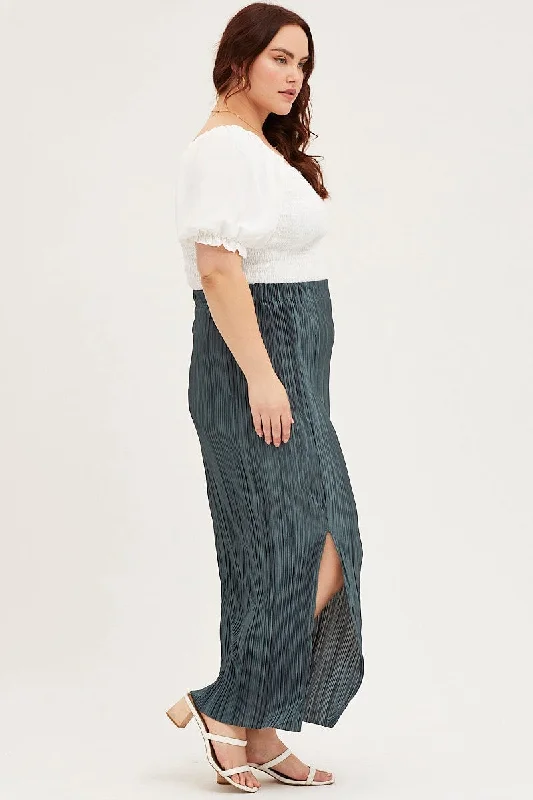 Green Plisse Midi Split Skirt