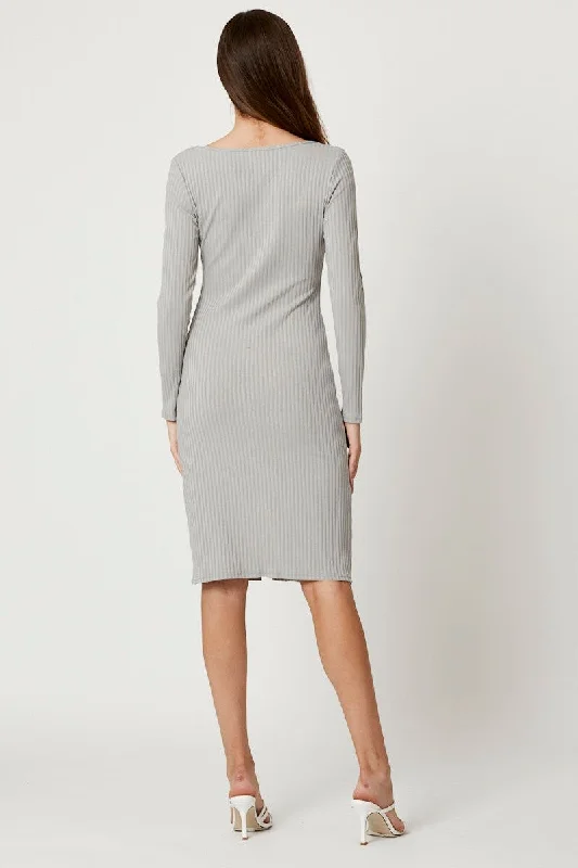 Grey Rib Button Front Dress