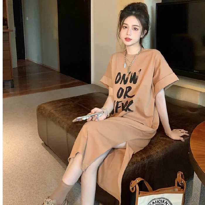 NiDELL American Style Retro Alphabet Floral Print Slit Dress Women's Summer Oversized Casual Small T-shirt Long Dress Ins Fashion