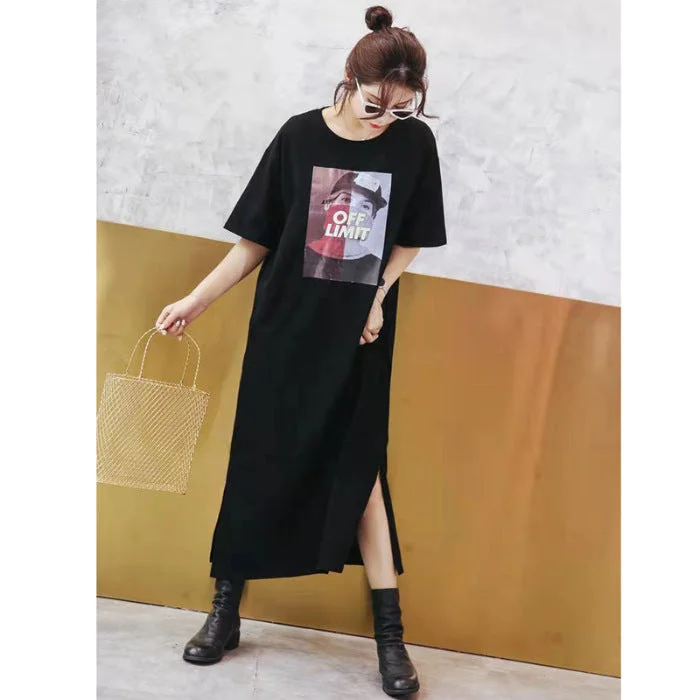 NiDELL American Style Retro Short Sleeve Long T-shirt Women's Summer Overknee Dress Casual Top Ins Internet Hot Lazy Style Dress