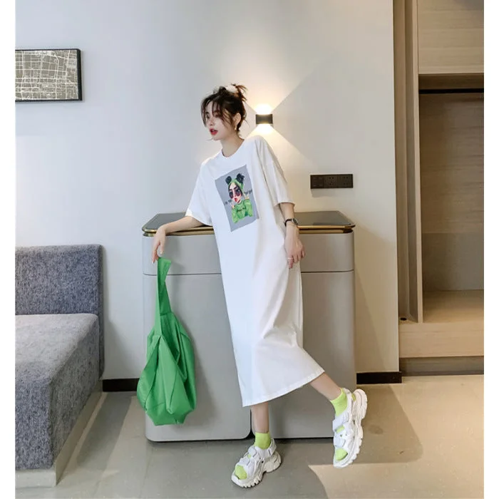 NiDELL Black to Ankle Long below the Knee T-shirt Skirt Women's . Summer Korean Style Loose plus Size Slit Short Sleeve Dress