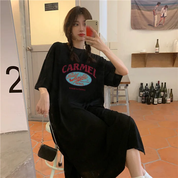 NiDELL Casual Short-Sleeved T-shirt Women's Skirt . New Summer European Goods Letters Oversized Loose over-the-Knee Dress Long Skirt