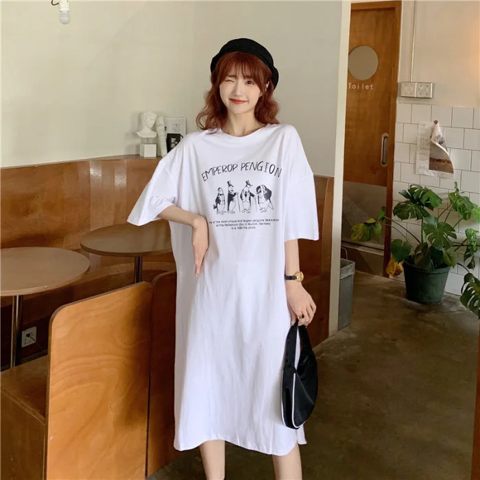 NiDELL Casual Shoulder Design Loose Long Dress Summer Versatile Casual Slim-Fit Mid-Length T-shirt Skirt Thin