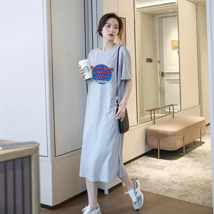 NiDELL Early Autumn Summer Korean New Letter Print Mid-Length below the Knee plus Size Dress Casual Simple All-Match T-shirt