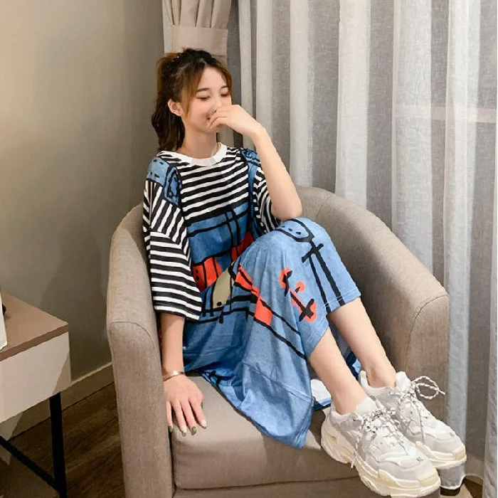 NiDELL Early Spring Korean Style Ins Half Sleeves Loose plus Size 100.00kg Pajamas Women's Long Dress Cartoon Home Nightdress Summer