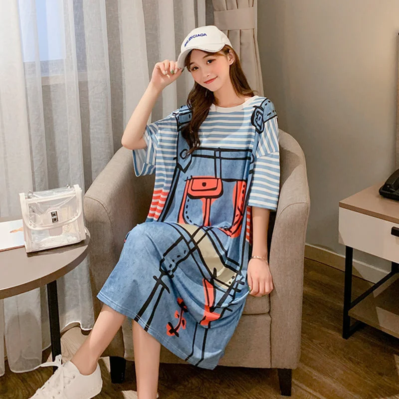 NiDELL Early Spring Korean Style Ins Half Sleeves Loose plus Size 100.00kg Pajamas Women's Long Dress Cartoon Home Nightdress Summer