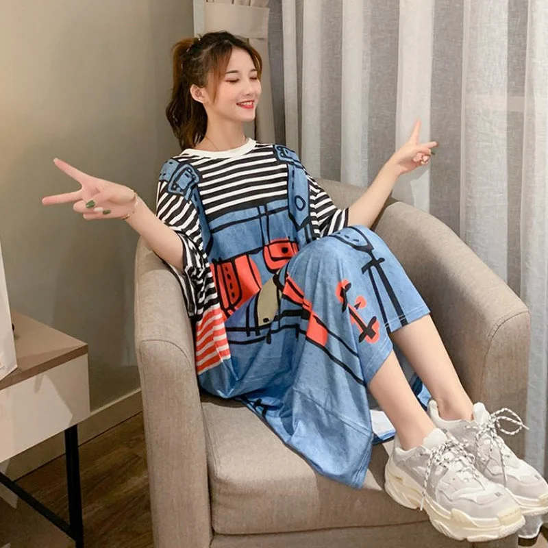 NiDELL Early Spring Korean Style Ins Half Sleeves Loose plus Size 100.00kg Pajamas Women's Long Dress Cartoon Home Nightdress Summer