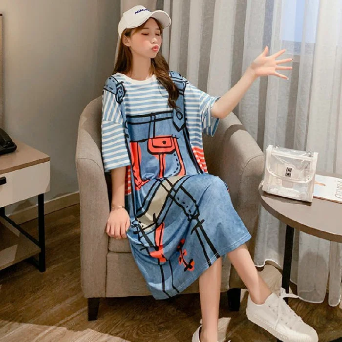 NiDELL Early Spring Korean Style Ins Half Sleeves Loose plus Size 100.00kg Pajamas Women's Long Dress Cartoon Home Nightdress Summer