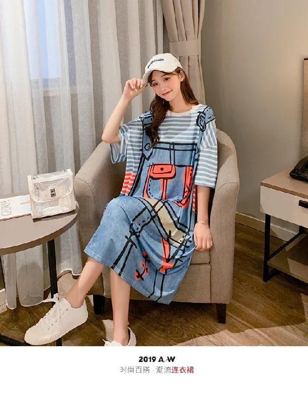 NiDELL Early Spring Korean Style Ins Half Sleeves Loose plus Size 100.00kg Pajamas Women's Long Dress Cartoon Home Nightdress Summer