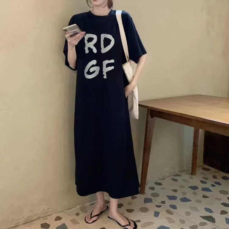 NiDELL Early Summer Autumn Korean Style Casual Loose Preppy Style plus Size T-shirt Skirt Mid-Length Slit Fashionable Dress Trendy