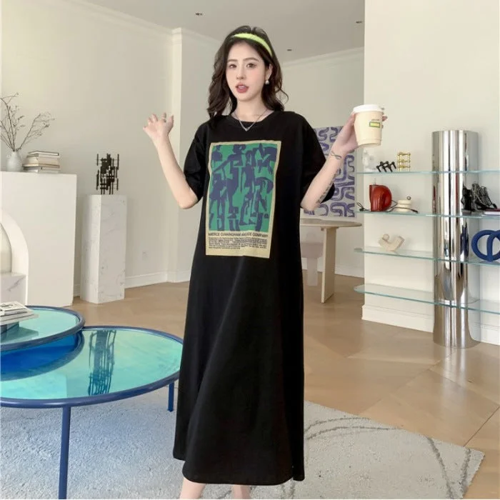 NiDELL European Station Fresh Summer Printed Mid-Length Women's Dress Large Size Casual Simple Long T-shirt Women's Ins