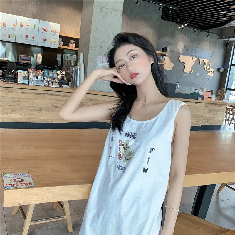 NiDELL Fashion Casual Sleeveless Dress . Summer Loose Slimming Sexy U Collar Bottoming Mid-Length T-shirt Vest Dress