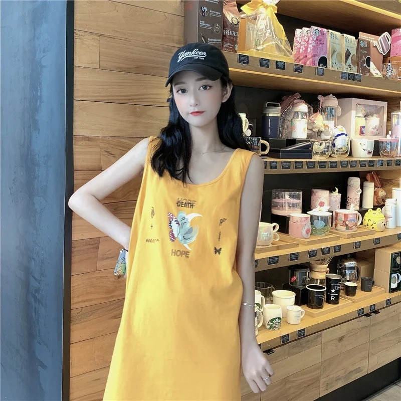 NiDELL Fashion Casual Sleeveless Dress . Summer Loose Slimming Sexy U Collar Bottoming Mid-Length T-shirt Vest Dress