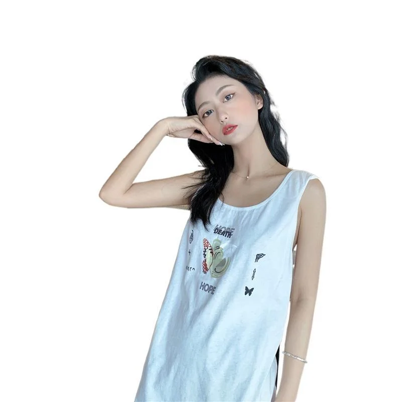 NiDELL Fashion Casual Sleeveless Dress . Summer Loose Slimming Sexy U Collar Bottoming Mid-Length T-shirt Vest Dress