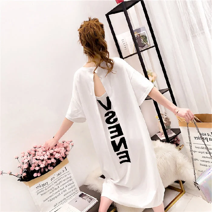 NiDELL INS Korean Style Loose plus Size 100.00kg Plump Girls Long Pajamas Women's Sexy Backless Home Nightdress Summer