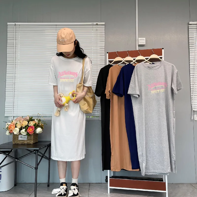 NiDELL Korean New European Goods Large Version Meat Hiding Loose Short Sleeve Dress Women's Plump Girls Casual Long over the Knee T-shirt Long Dress