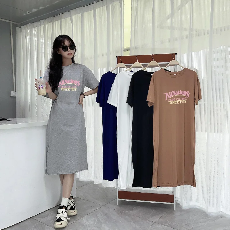 NiDELL Korean New European Goods Large Version Meat Hiding Loose Short Sleeve Dress Women's Plump Girls Casual Long over the Knee T-shirt Long Dress