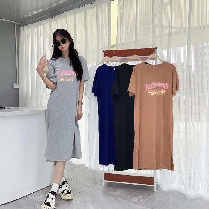 NiDELL Korean New European Goods Large Version Meat Hiding Loose Short Sleeve Dress Women's Plump Girls Casual Long over the Knee T-shirt Long Dress