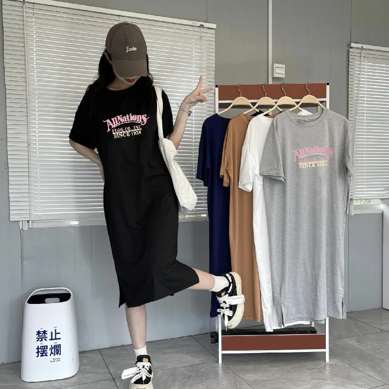 NiDELL Korean New European Goods Large Version Meat Hiding Loose Short Sleeve Dress Women's Plump Girls Casual Long over the Knee T-shirt Long Dress