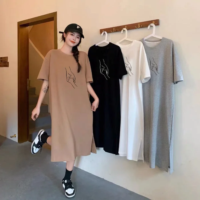 NiDELL Korean Style Large Size Short Sleeve Net Red Wind Nightdress T-shirt Skirt Summer Long Dress Can Be Worn outside Fat Girl Loose Women's Wear Dress