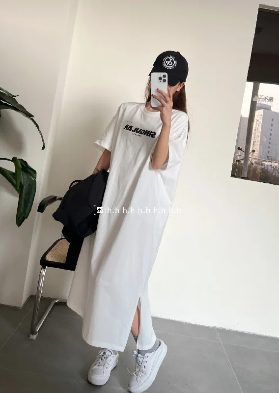 NiDELL Korean Style plus Size Women's Clothing Loose and Simple Fresh Dress Casual Simple Letter Print Mid-Length T-shirt Dress Skirt