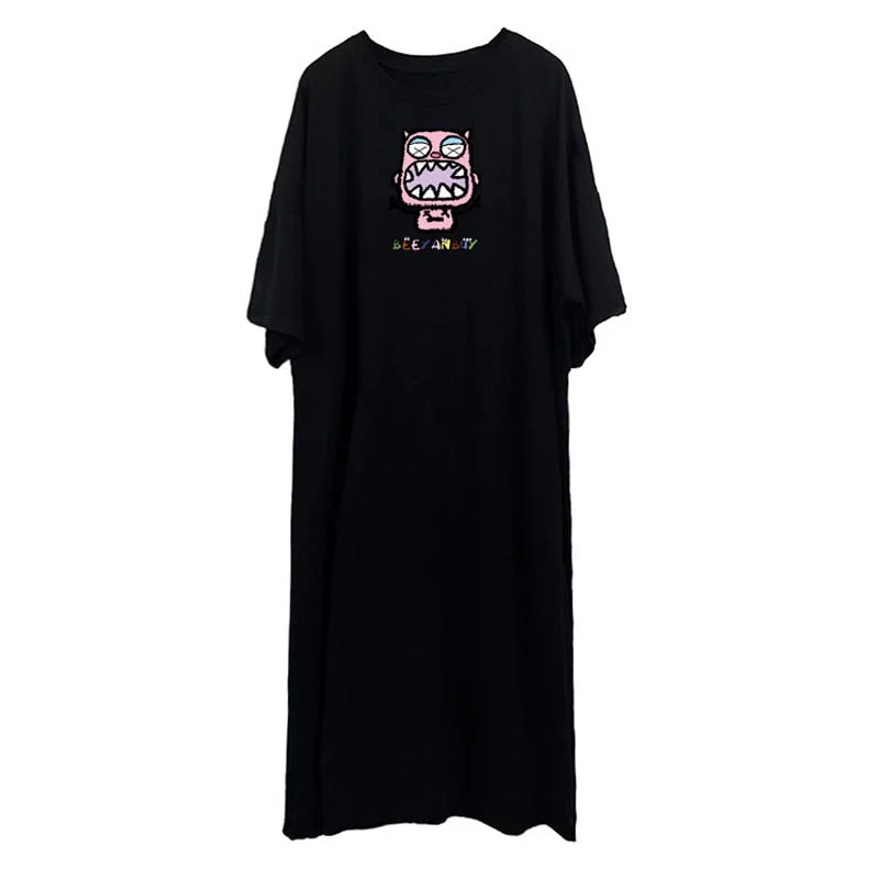 NiDELL Korean Style Short Sleeve and Long Pattern T-shirt Women's Loose over Knee plus Size Ins Internet Celebrity Long Dress Cartoon Animation Summer Fashion Dress