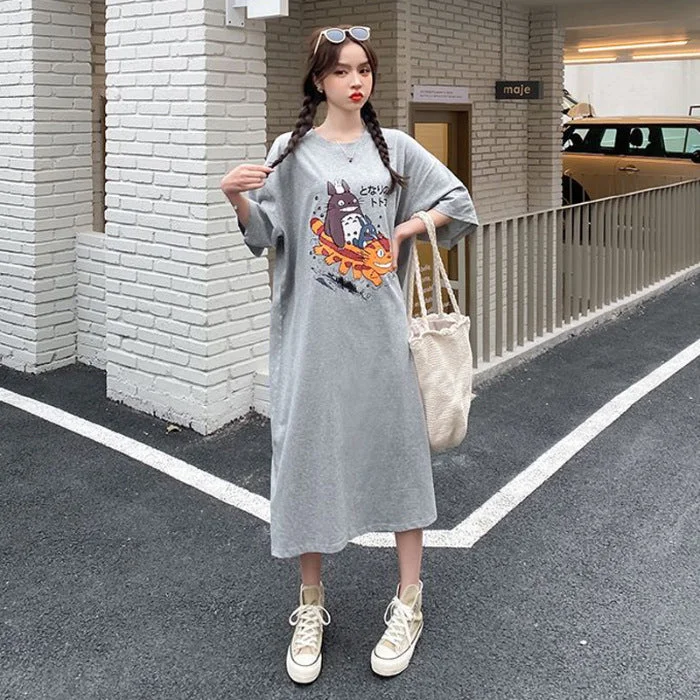 NiDELL Korean Style Short Sleeve and Long Pattern T-shirt Women's Summer Overknee Dress Cartoon Anime Print Ins Internet Celebrity Lazy Dress